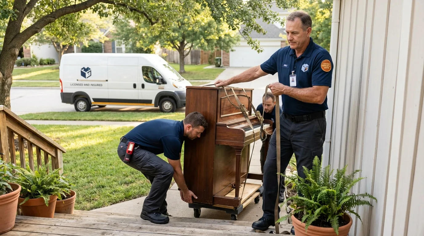 Licensed piano movers securing grand piano in Weston, OH