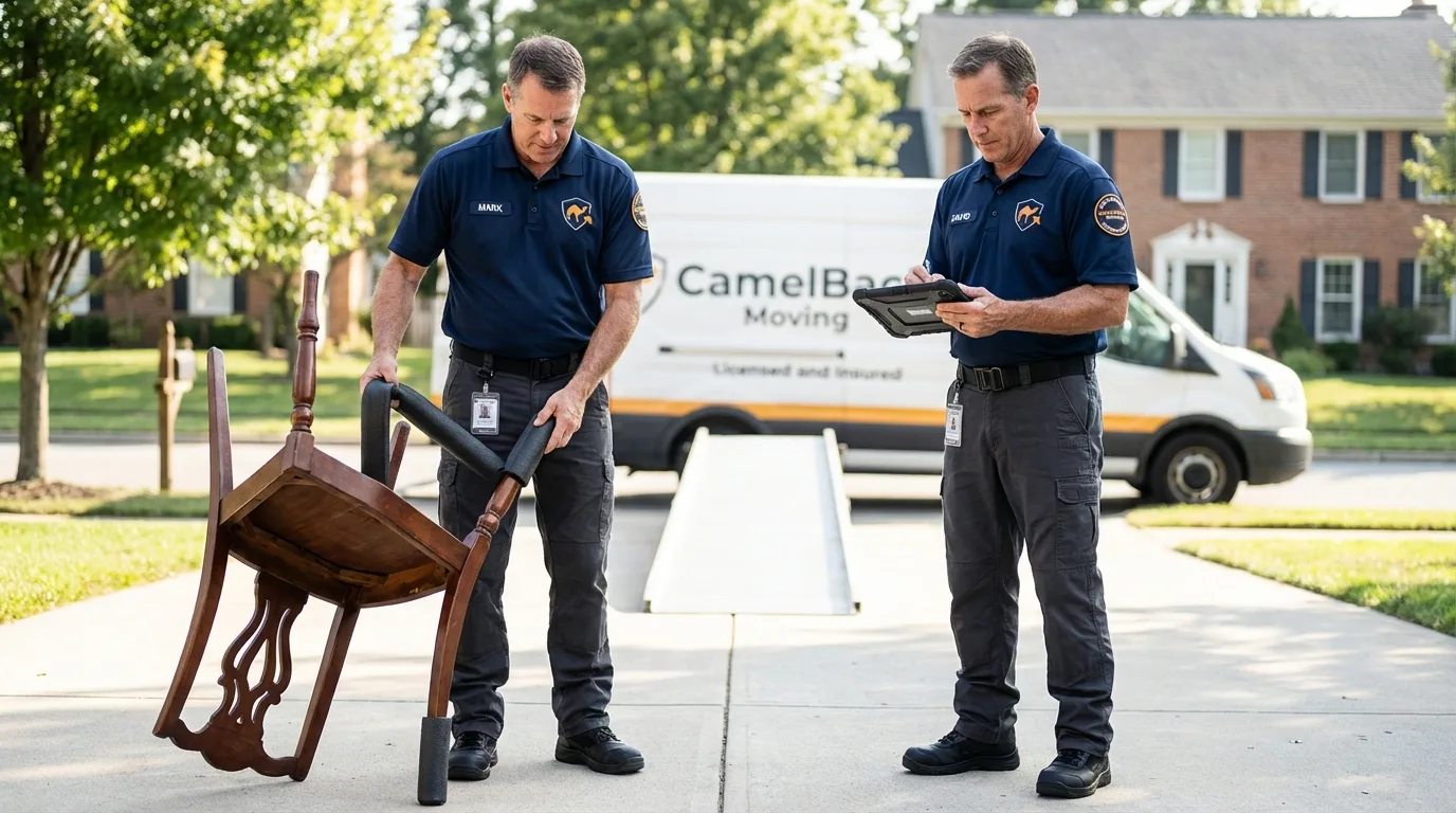 Movers inspecting furniture for damage prevention before loading in Weston, OH