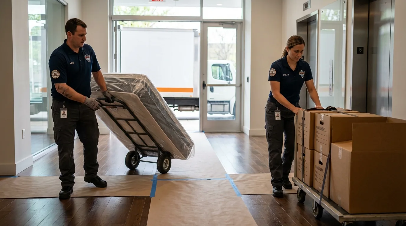 Professional apartment movers loading elevator in Weston, OH