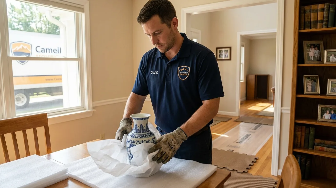 Professional crew carefully wrapping antique vase for senior downsizing move in Weston, OH